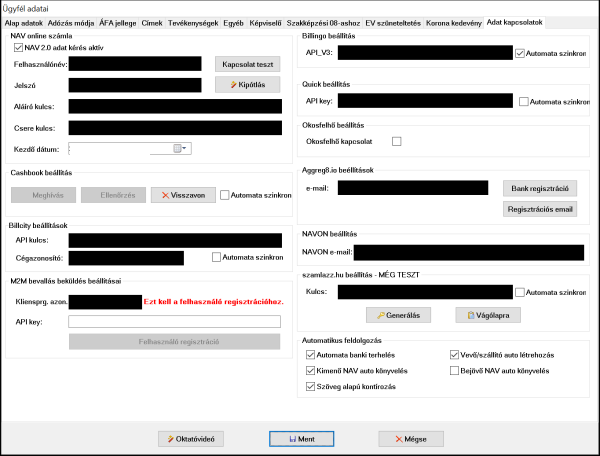 Az Ügyfél adatai „Adat kapcsolatok" füle (érzékeny mezők kitakarva)