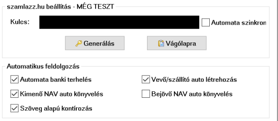 A szamlazz.hu beállítás blokk (Ügyfél adatai → Adat kapcsolatok fül)