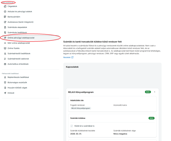 Új adatkapcsolat beállítása a Számlázz.hu-ban (Fogadó rendszer: RELAX Könyvelőprogram)